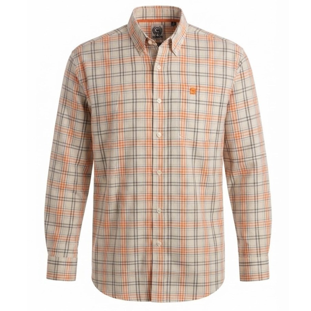 Cinch Mens Small Long Sleeve Plaid Western Button Down Shirt Cream Orange Cotton